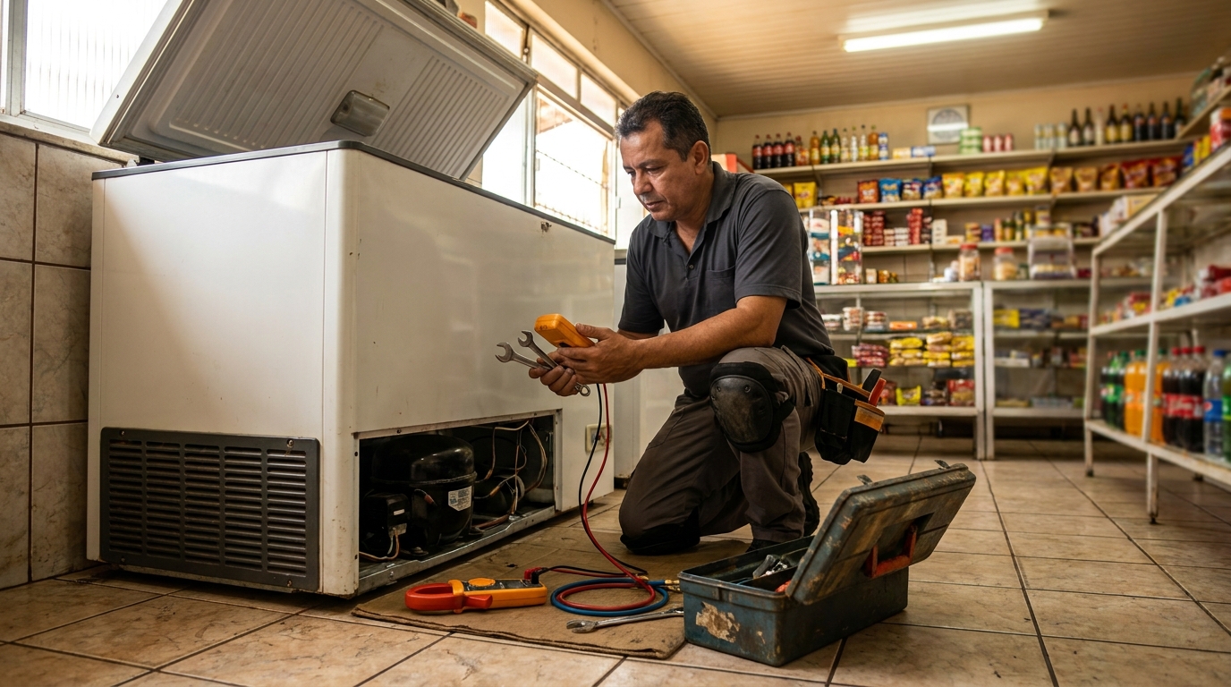 Técnico reparando o motor de um freezer horizontal em Natal‑RN