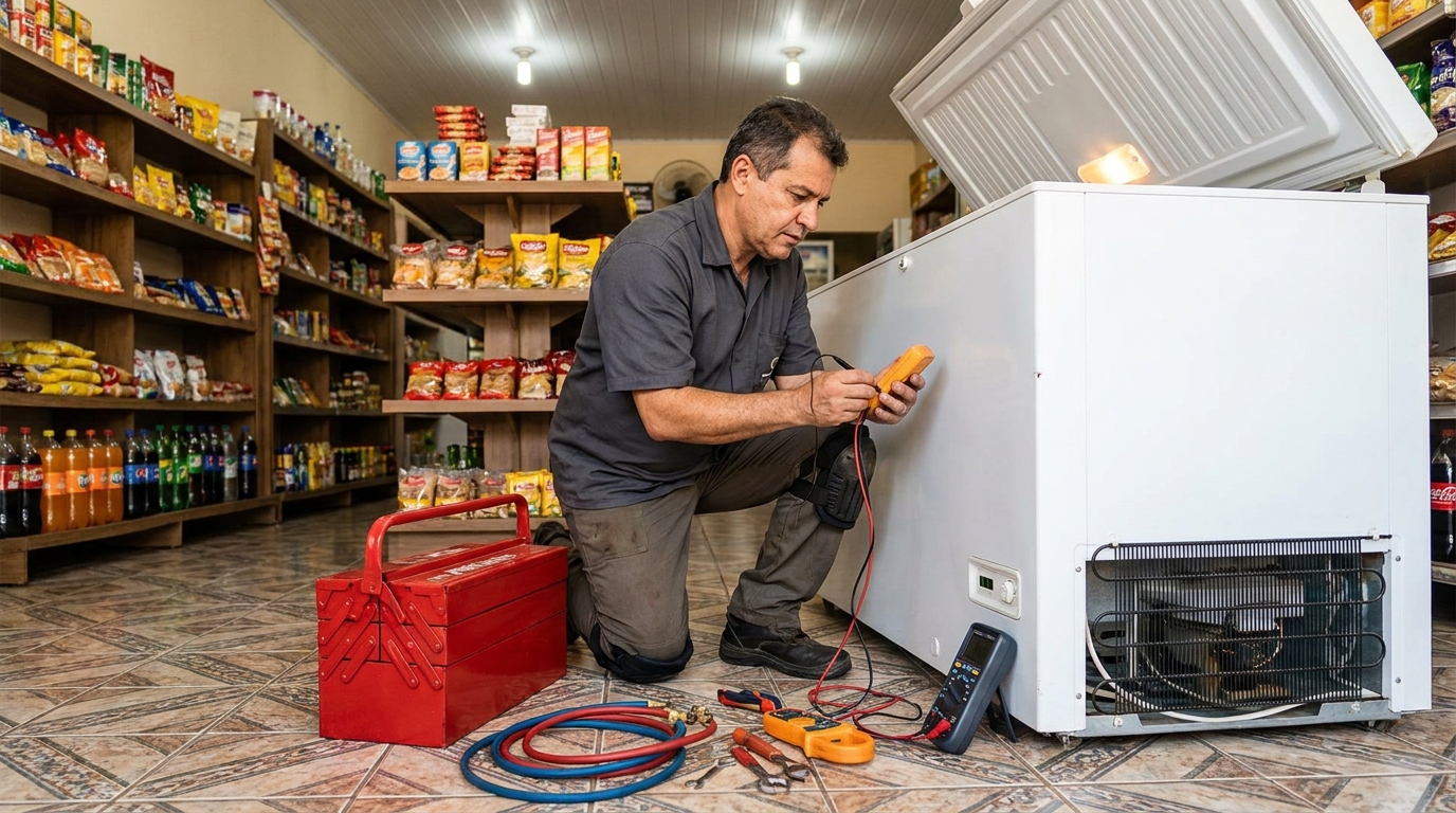 Manômetro conectado ao circuito durante recarga de gás de freezer em Natal‑RN
