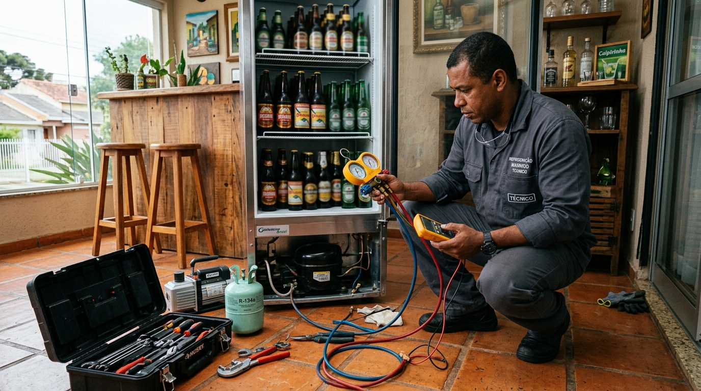 Técnico conferindo a temperatura de uma cervejeira durante atendimento em Natal‑RN