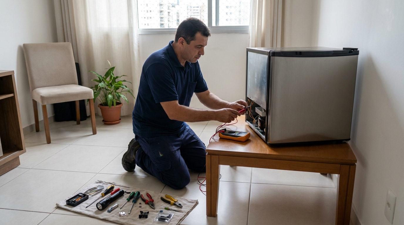 Técnico avaliando um frigobar compacto durante atendimento em Natal‑RN